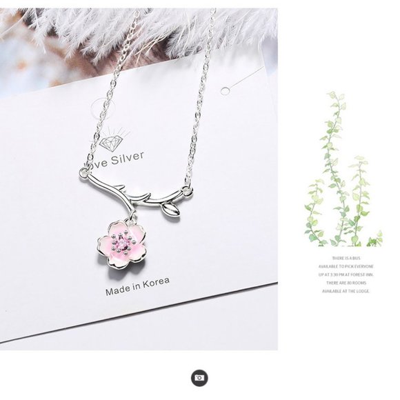 #NEW 925 Sterling Silver Pink White Diamond Cherry Blossom Leaf Branch Necklace - Picture 11 of 11